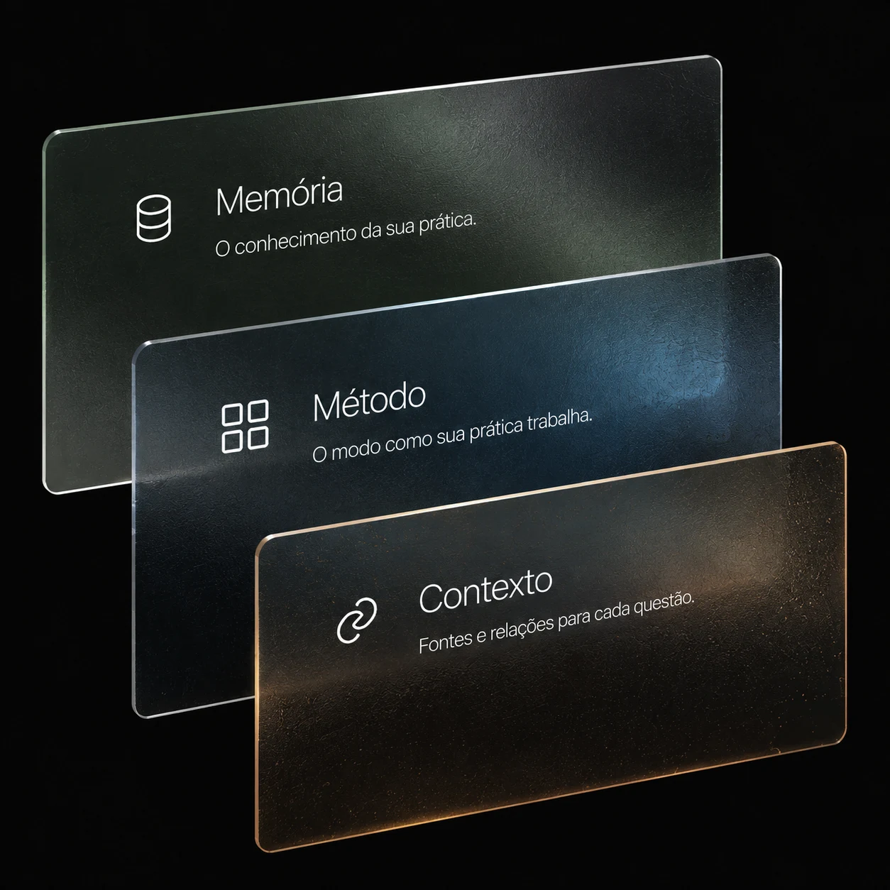 Três planos de vidro sobrepostos representam memória, método e contexto.